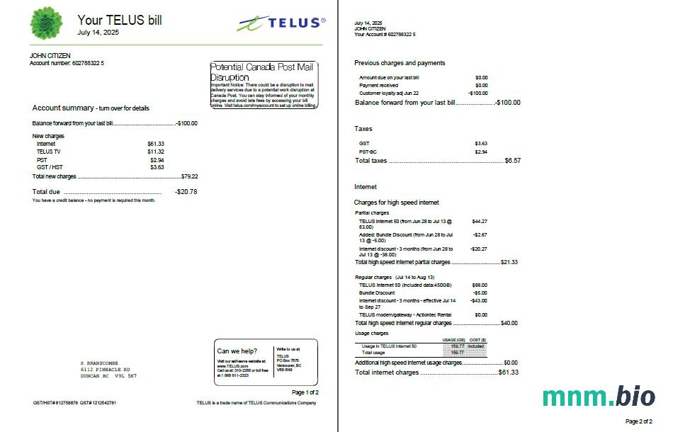 Szablon rachunku za media Canada Telus w formatach Word i PDF, 2 strony